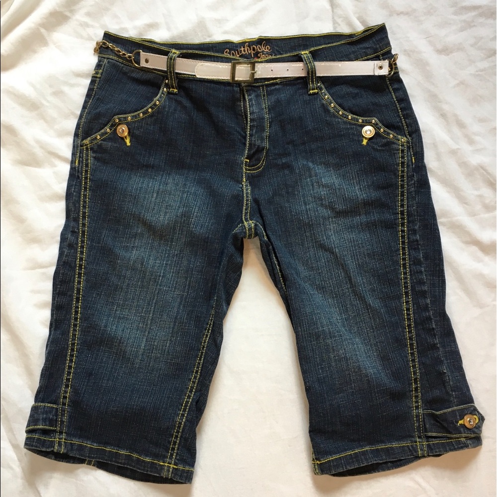 Y2K South Pole Studded Denim Bermuda Shorts with Belt, 11